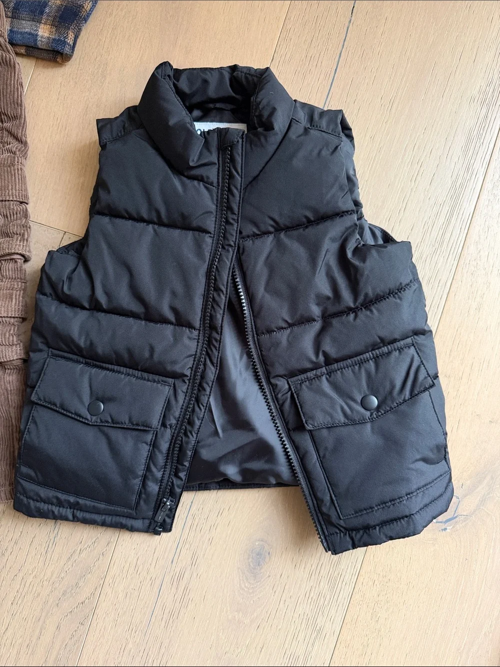 Kids Navy & Tan Plaid Shacket, Beige Chino Pants, Corduroy Cargos and Black Vest
